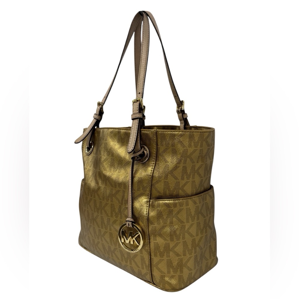 Michael Kors Jet Set East West Signature Gold Metallic Tote Purse Shoulder Bag - Picture 6 of 16